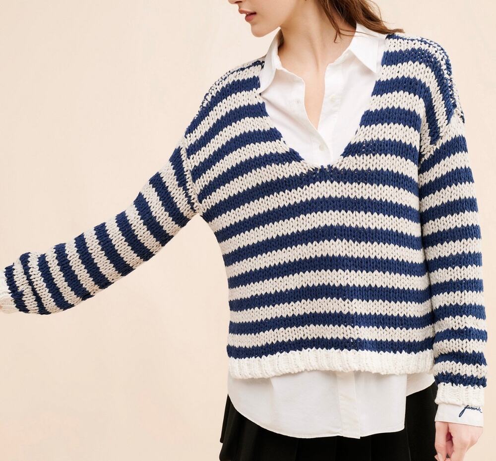 Free People Portland Pullover M Denim Island Navy Cream Striped Sweater